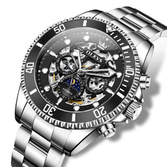 OLEVS 6715 Skeleton Multifunction Moon Phase Sports Mechanical Watch For Men - Silver Ebony Watch | Olevs Watch Store