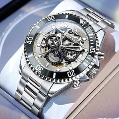 OLEVS 6715 Skeleton Multifunction Moon Phase Sports Mechanical Watch For Men - Silver Ebony Watch | Olevs Watch Store