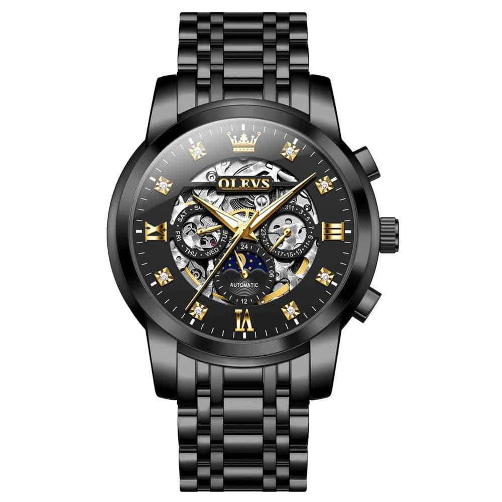 OLEVS 6721 – Men's Openwork Skeleton Diamond Dial Moon Phase Calendar Mechanical Watch