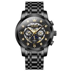OLEVS 6721 – Men's Openwork Skeleton Diamond Dial Moon Phase Calendar Mechanical Watch