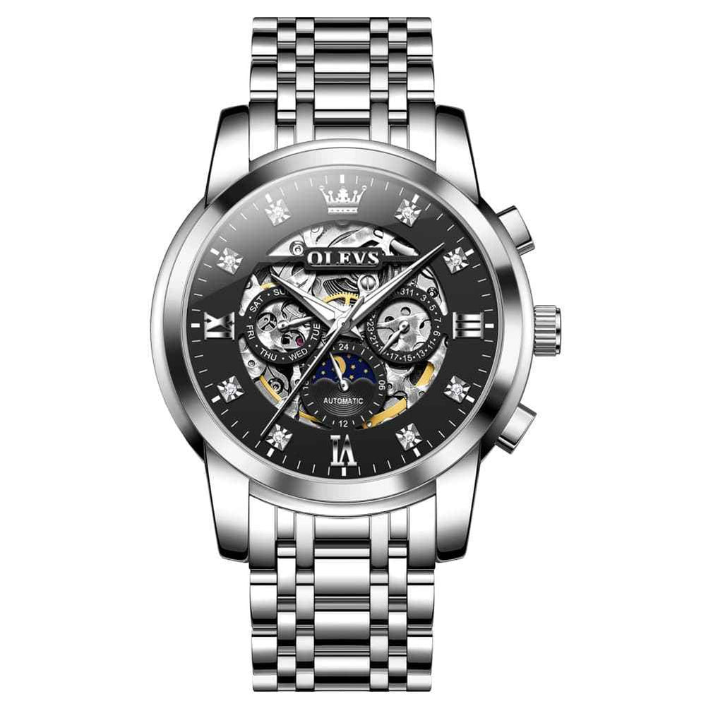 OLEVS 6721 – Men's Openwork Skeleton Diamond Dial Moon Phase Calendar Mechanical Watch