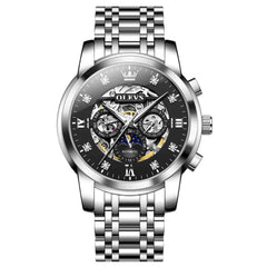 OLEVS 6721 – Men's Openwork Skeleton Diamond Dial Moon Phase Calendar Mechanical Watch