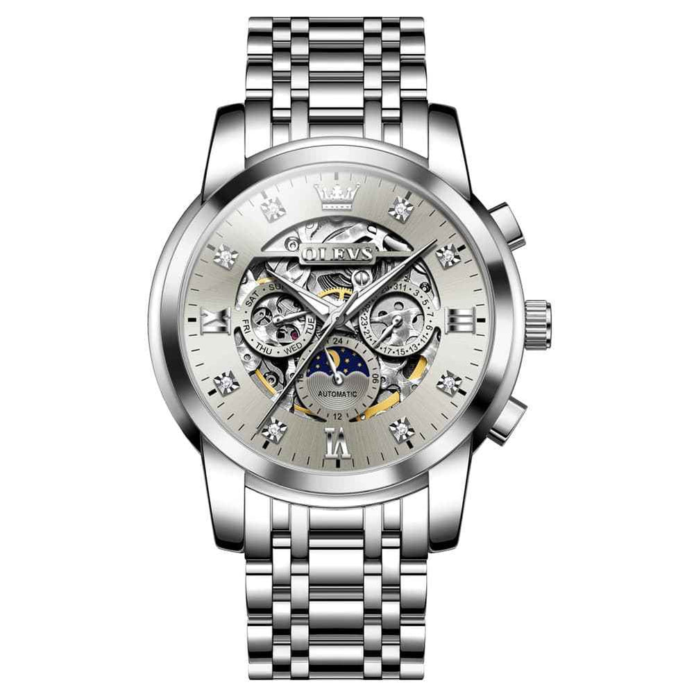 OLEVS 6721 – Men's Openwork Skeleton Diamond Dial Moon Phase Calendar Mechanical Watch