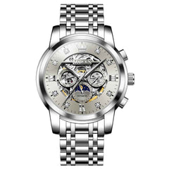 OLEVS 6721 – Men's Openwork Skeleton Diamond Dial Moon Phase Calendar Mechanical Watch