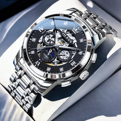 OLEVS 6721 Openwork Skeleton Diamond Dial Moon Phase Calendar Mechanical Watch For Men - Inter White Watch |Olevs Watch Store