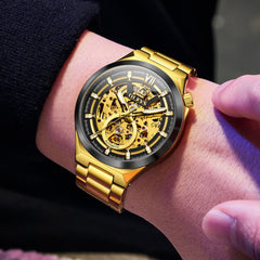 OLEVS 6722 Integrated Geometry Full Skeleton Mechanical Watch For Men - Steel Gold Watch | Olevs Watch Store