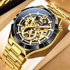 OLEVS 6722 Integrated Geometry Full Skeleton Mechanical Watch For Men - Steel Gold Watch | Olevs Watch Store