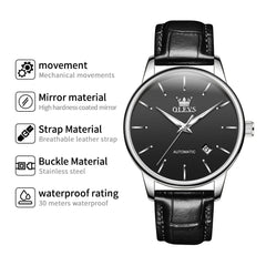 OLEVS 6725 Minimalist Leather Strap Automatic Mechanical Lightweight Watch For Men - Inter White Watch | Olevs Watch Store
