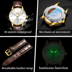 OLEVS 6725 Minimalist Leather Strap Automatic Mechanical Lightweight Watch For Men - Inter White Watch | Olevs Watch Store