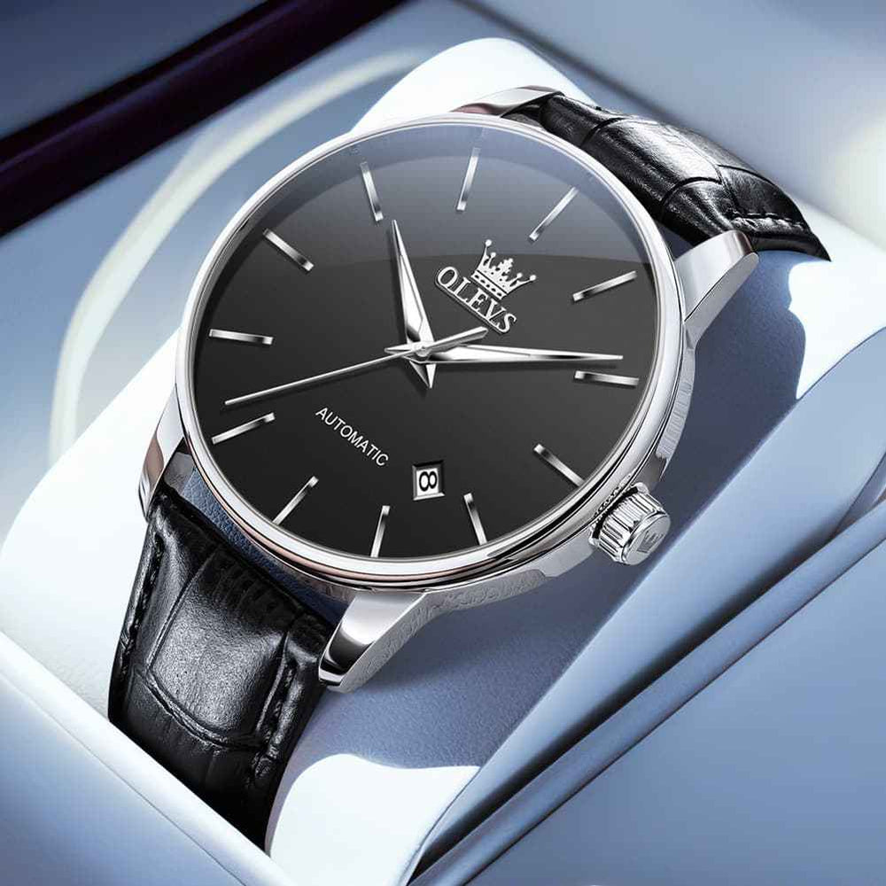 OLEVS 6725 – Men's Minimalist Leather Strap Automatic Mechanical Lightweight Watch