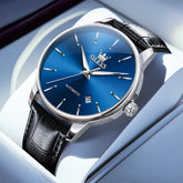 OLEVS 6725 Minimalist Leather Strap Automatic Mechanical Lightweight Watch For Men - Silver Blue Watch | Olevs Watch Store