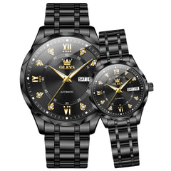 OLEVS 6727 Automatic Diamond Mechanical Watch Set For Couples - All Black Watch | Olevs Watch Store
