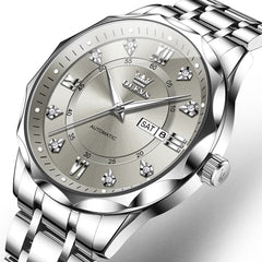 OLEVS 6727 Automatic Mechanical Diamond Watch For Men - Silver Grey Watch | Olevs Watch Store