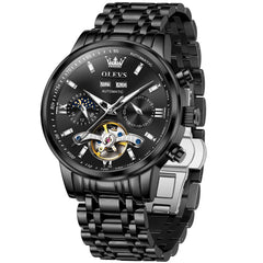OLEVS 6740 Skeleton Flywheel Mechanical Watch for Men - All Black Watch | Olevs Watch Store
