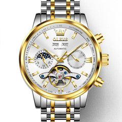 OLEVS 6740 Skeleton Flywheel Mechanical Watch for Men - Two Tone White Watch | Olevs Watch Store