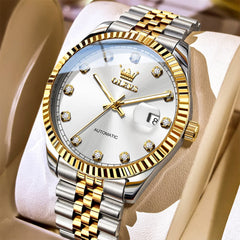 OLEVS 6743 Fluted Bezel Diamond Mechanical Watch for Men - Silver Black Watch | Olevs Watch Store