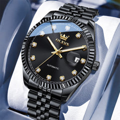 OLEVS 6743 Fluted Bezel Diamond Mechanical Watch for Men - Silver Black Watch | Olevs Watch Store