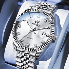 OLEVS 6743 Fluted Bezel Diamond Mechanical Watch for Men - Silver Black Watch | Olevs Watch Store
