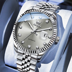 OLEVS 6743 Fluted Bezel Diamond Mechanical Watch for Men - Silver Black Watch | Olevs Watch Store