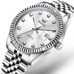 OLEVS 6743 Fluted Bezel Diamond Mechanical Watch for Men - Silver White Watch | Olevs Watch Store