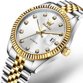OLEVS 6743 Fluted Bezel Diamond Mechanical Watch for Men - Two Tone White Watch | Olevs Watch Store