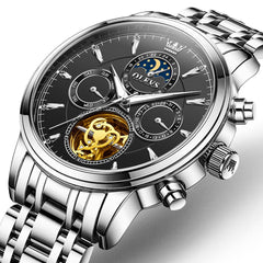 OLEVS 6746 Multi-Function Skeleton Mechanical Watch for Men - Silver Black Watch | Olevs Watch Store