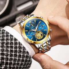 OLEVS 6746 Multi-Function Skeleton Mechanical Watch for Men - Silver White Watch | Olevs Watch Store