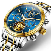 OLEVS 6746 Multi-Function Skeleton Mechanical Watch for Men - Two Tone Blue Watch | Olevs Watch Store