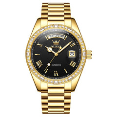 OLEVS 6747 Diamond Bezel Day Date Mechanical Watch for Men - All Gold Watch | Olevs Watch Store