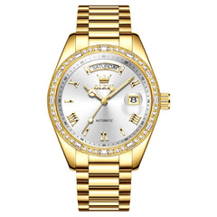 OLEVS 6747 Diamond Bezel Day Date Mechanical Watch for Men - All Gold Watch | Olevs Watch Store