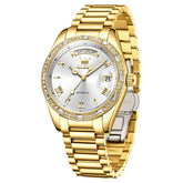 OLEVS 6747 Diamond Bezel Day Date Mechanical Watch for Men - All Gold White Watch | Olevs Watch Store