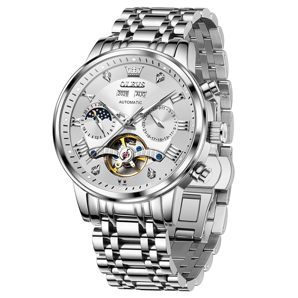 silver white automatic mechanical watch - OLEVS 6763