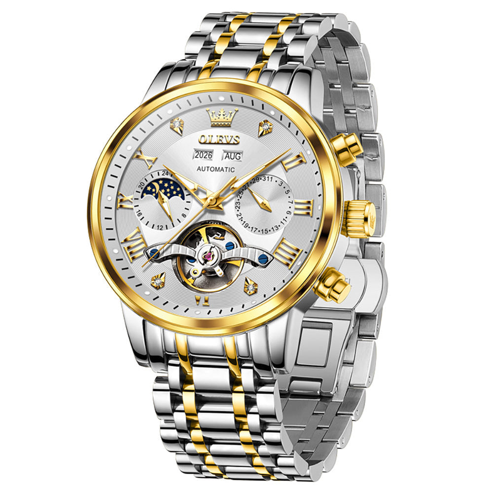 two tone white automatic mechanical watch for men - OLEVS 6763