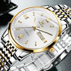 OLEVS 6777 Minimalist Day Date Mechanical Watch for Men - Two Tone White Watch | Olevs Watch Store
