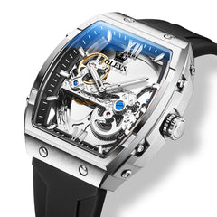 OLEVS 6779 Tonneau Skeleton Mechanical Watch for Men - Rose Gold Blue Watch | Olevs Watch Store