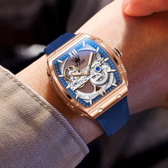 OLEVS 6779 Tonneau Skeleton Mechanical Watch for Men - Rose Gold Blue Watch | Olevs Watch Store