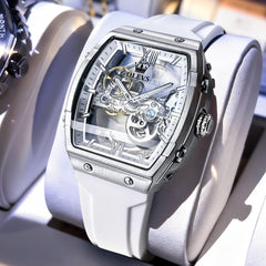 OLEVS 6779 Tonneau Skeleton Mechanical Watch for Men - Rose Gold Blue Watch | Olevs Watch Store