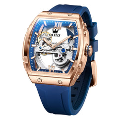 OLEVS 6779 Tonneau Skeleton Mechanical Watch for Men - Rose Gold Blue Watch | Olevs Watch Store