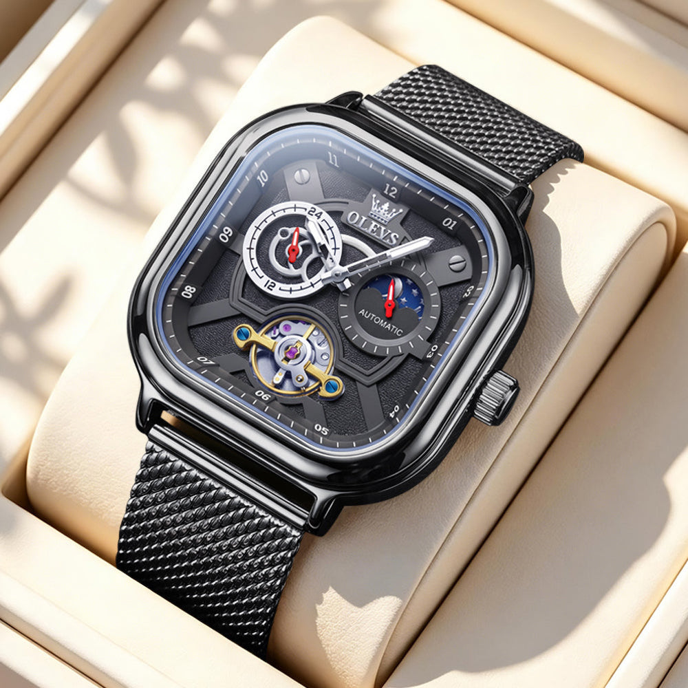 All Black dial and mesh bracelet close-up - OLEVS 6782