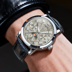 OLEVS 6785 Sun and Moon Multi Function Mechanical Watch for Men - Leather Silver Black Watch | Olevs Watch Store