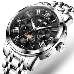OLEVS 6785 Sun and Moon Multi Function Mechanical Watch for Men - Leather Silver Black Watch | Olevs Watch Store