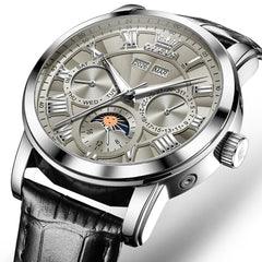 OLEVS 6785 Sun and Moon Multi Function Mechanical Watch for Men - Leather Silver Black Watch | Olevs Watch Store