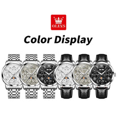 OLEVS 6785 Sun and Moon Multi Function Mechanical Watch for Men - Leather Silver Black Watch | Olevs Watch Store