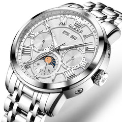 OLEVS 6785 Sun and Moon Multi Function Mechanical Watch for Men - Leather Silver Black Watch | Olevs Watch Store