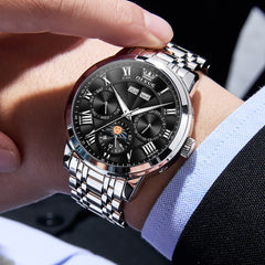 OLEVS 6785 Sun and Moon Multi Function Mechanical Watch for Men - Leather Silver Black Watch | Olevs Watch Store