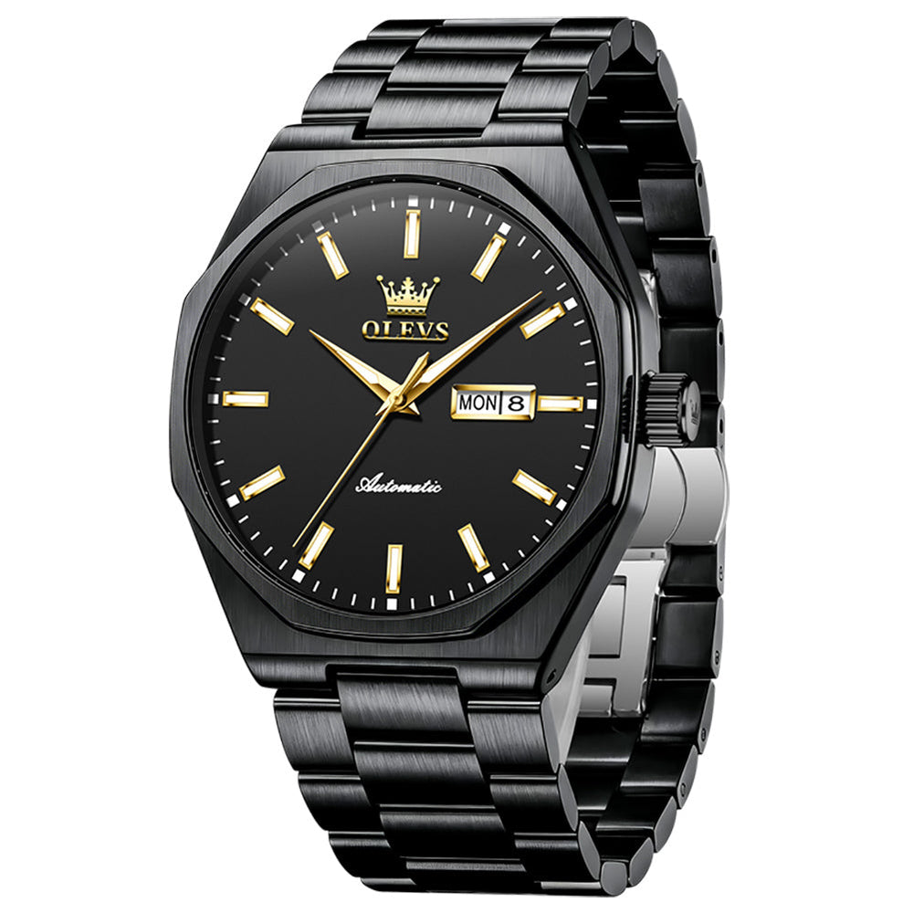 All Black automatic day date watch front view - OLEVS 6786