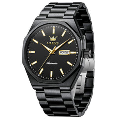 All Black automatic day date watch front view - OLEVS 6786
