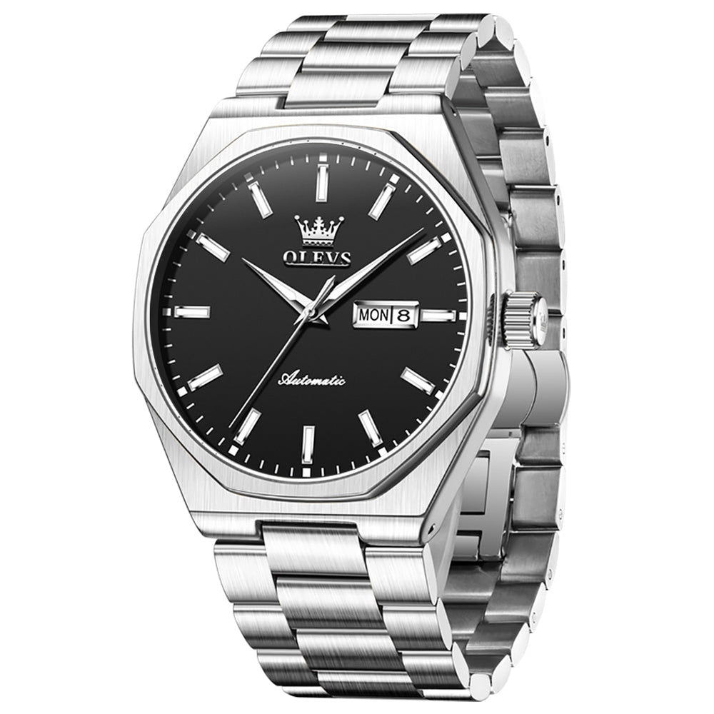 Silver Black automatic day date watch front view - OLEVS 6786