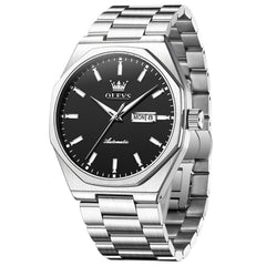 Silver Black automatic day date watch front view - OLEVS 6786