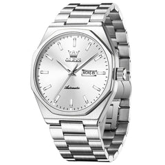 Silver White automatic day date watch front view - OLEVS 6786